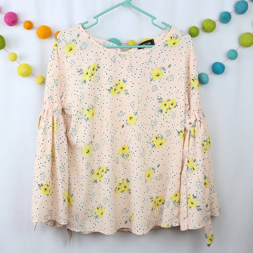 Fab'rik Pink Yellow Floral Print Long Bell Sleeve Blouse Top Size Small